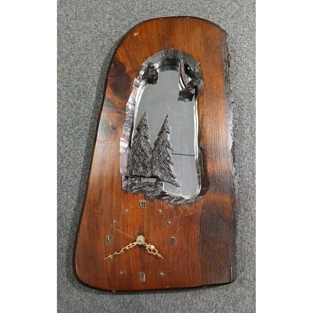 Vintage Rustic Wood Carved Wall Clock Trees Bird With Mirror Tested Working
